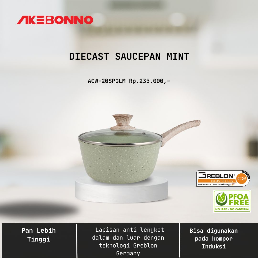 AKEBONNO DIECAST GREBLON SAUCEPAN MINT / PANCI SOP / SAUS / SUSU ANTI LENGKET DENGAN TUTUP 20CM INDUKSI